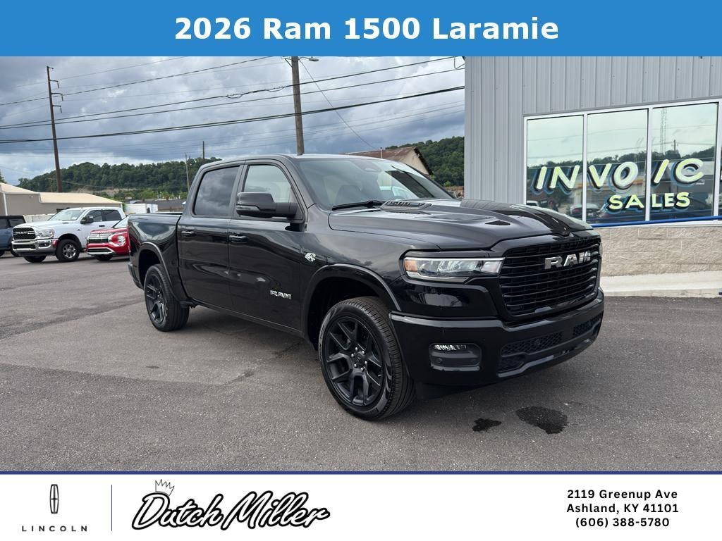 2026 RAM 1500 Laramie in Diamond Black Crystal Pearlcoat — front three-quarter view