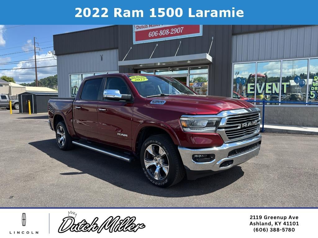 2022 RAM 1500 Laramie in Delmonico Red Pearlcoat — front three-quarter view